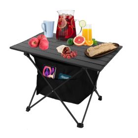 Foldable Camping Table With Storage Basket Rustproof Portable Aluminum Alloy Roll-Up Camping Table With Carrying Bag For Camping Hiking BBQ Picni (Color: black, size: medium)